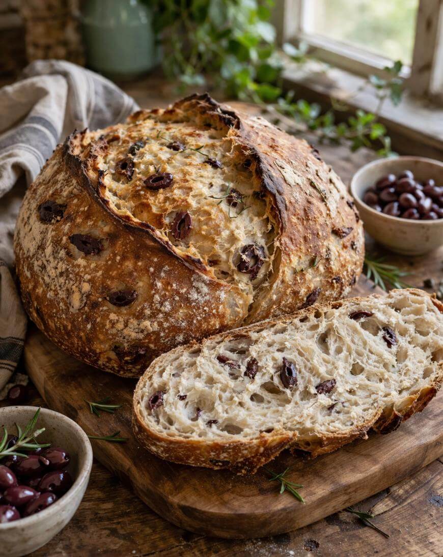 A rustic loaf of olive bread sits on a wooden board, with one slice cut. The crust is golden and crisp, and olives are visible throughout the bread. Bowls of olives and sprigs of rosemary are nearby.