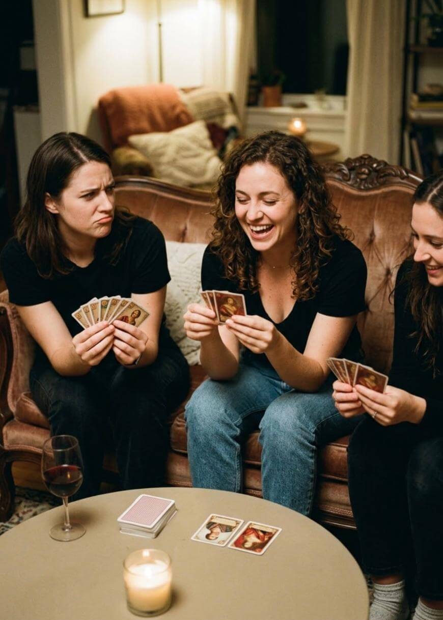 Three women sit on a couch playing cards, two of them laughing and smiling, while the third looks frustrated. A glass of red wine, a candle, and a deck of cards are on the table in front of them.