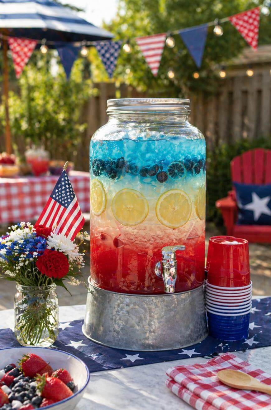 A large glass drink dispenser holds a red, yellow, and blue layered beverage with lemon slices and berries. Its set on a table with patriotic decorations and red cups, at an outdoor party with American flags and bunting.