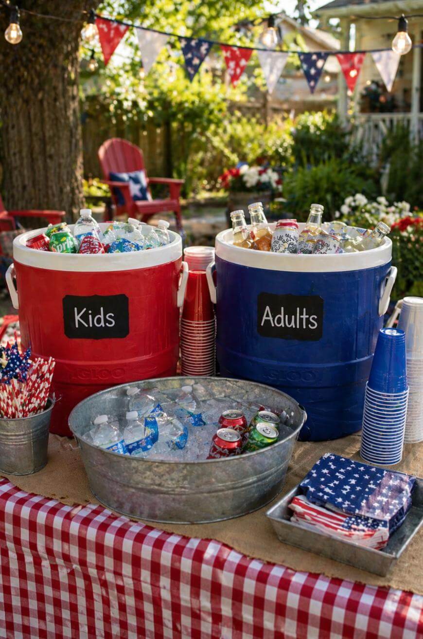 Two coolers labeled Kids and Adults sit on a table with drinks on ice. The table is covered with a red plaid cloth, patriotic napkins, cups, and straws, with festive decorations and greenery in the background.
