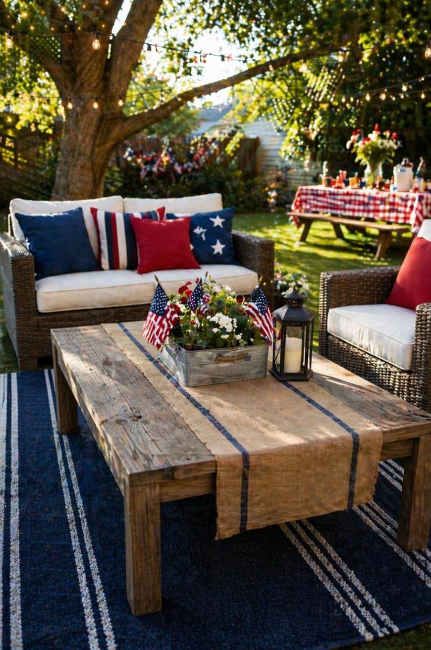 A cozy outdoor seating area with wicker furniture, patriotic pillows, a rustic wooden table with a burlap runner, small American flags in a flower arrangement, and string lights overhead. A picnic table is in the background.