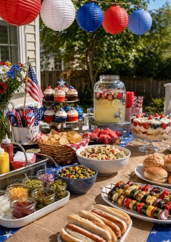 A festive outdoor table set for a patriotic celebration with red, white, and blue lanterns, flowers, themed cupcakes, lemonade, burgers, hot dogs, salads, chips, skewers, and American flags.