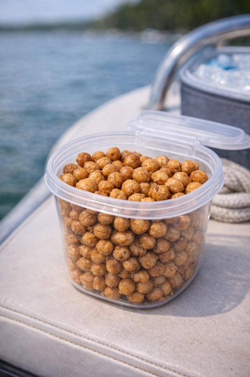 A clear plastic container filled with round, brown snacks sits on a boat seat, with water and greenery visible in the blurred background.