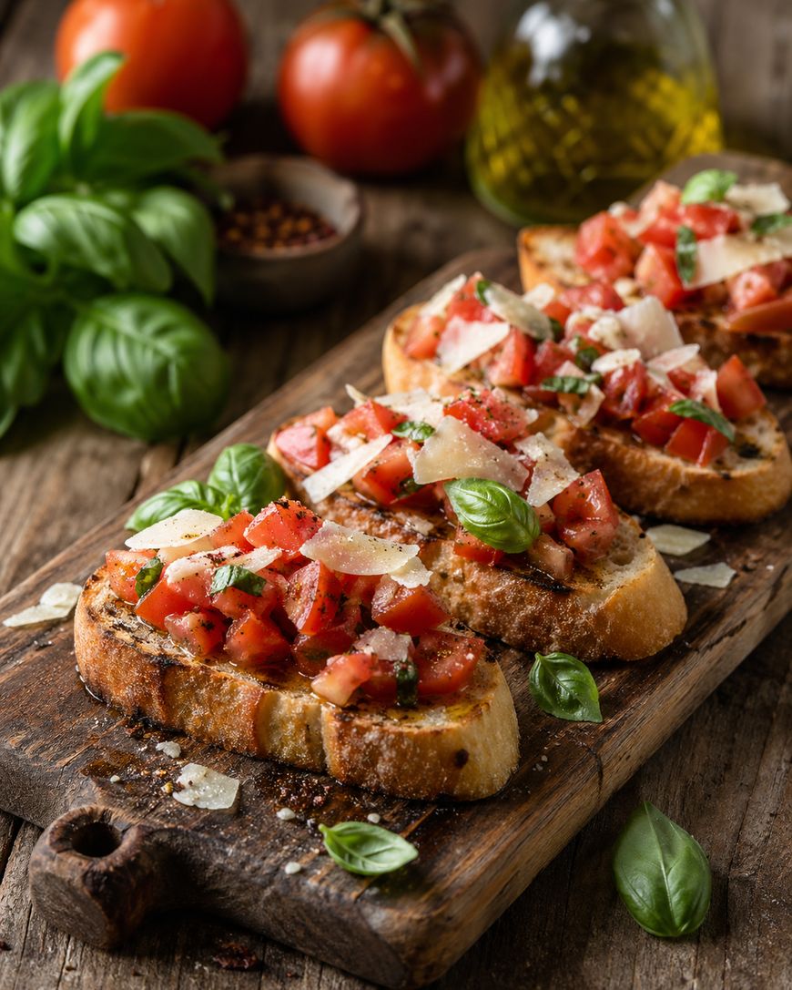 Toasted bread slices topped with diced tomatoes, basil, and shaved parmesan, arranged on a wooden board with fresh basil leaves, tomatoes, olive oil, and spices in the background.