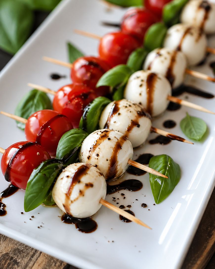Skewers with cherry tomatoes, fresh mozzarella balls, and basil leaves, drizzled with balsamic glaze, arranged neatly on a white rectangular plate.