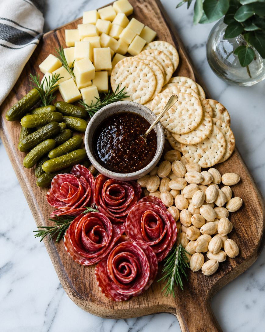 A charcuterie board with salami roses, cubed cheese, round crackers, pickles, marcona almonds, a bowl of jam with a spoon, and rosemary sprigs on a wooden board on a marble surface.