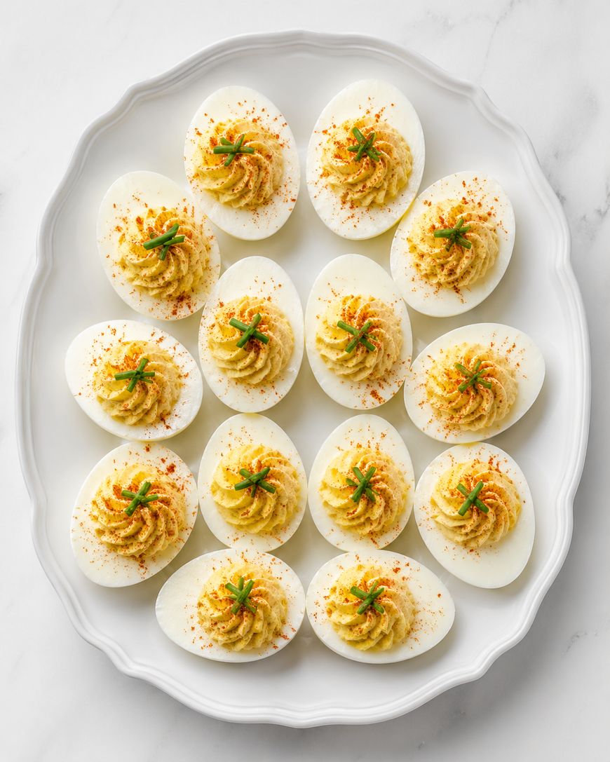 A white plate with fifteen deviled eggs, each topped with a sprinkle of paprika and finely chopped green herbs, arranged neatly on a marble surface.
