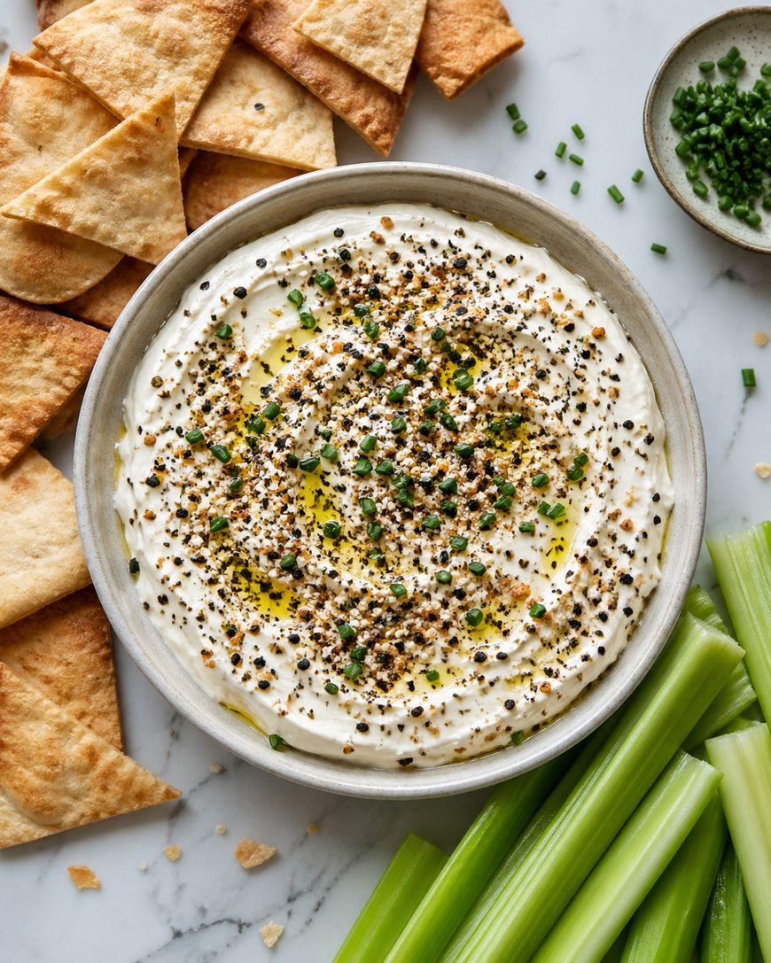 A bowl of creamy dip topped with herbs and seasoning, surrounded by pita chips and celery sticks on a marble surface. A small dish of chopped chives sits nearby.
