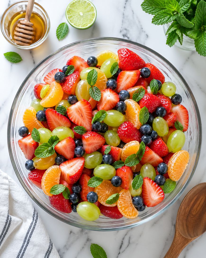 A glass bowl filled with a colorful fruit salad containing strawberries, blueberries, green grapes, orange segments, and fresh mint leaves on a marble surface. A halved lime, honey jar, and mint bunch are nearby.