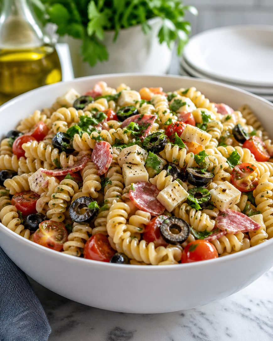 A large white bowl of rotini pasta salad with cherry tomatoes, black olives, cubed cheese, pepperoni slices, and chopped herbs on a marble countertop. Plates, utensils, and a bottle of olive oil are in the background.