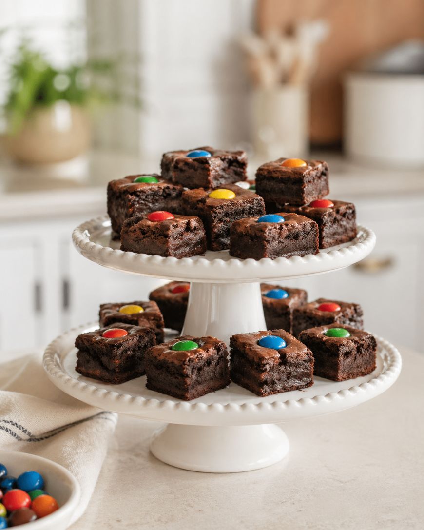 A white, two-tiered dessert stand displays chocolate brownies topped with colorful candy-coated chocolates, set on a kitchen counter with a soft, neutral background.