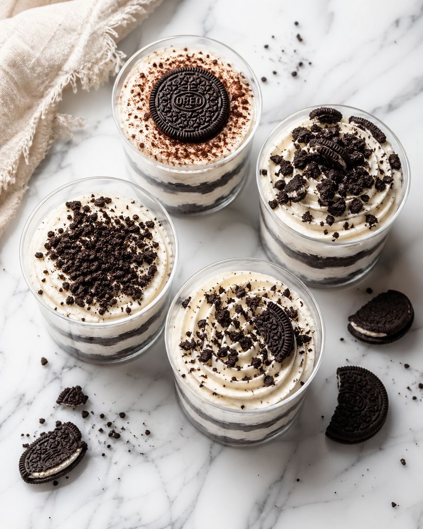 Four clear cups filled with layered Oreo cheesecake, topped with whipped cream and crushed or whole Oreo cookies, sit on a marble surface with a beige cloth and scattered Oreo pieces nearby.