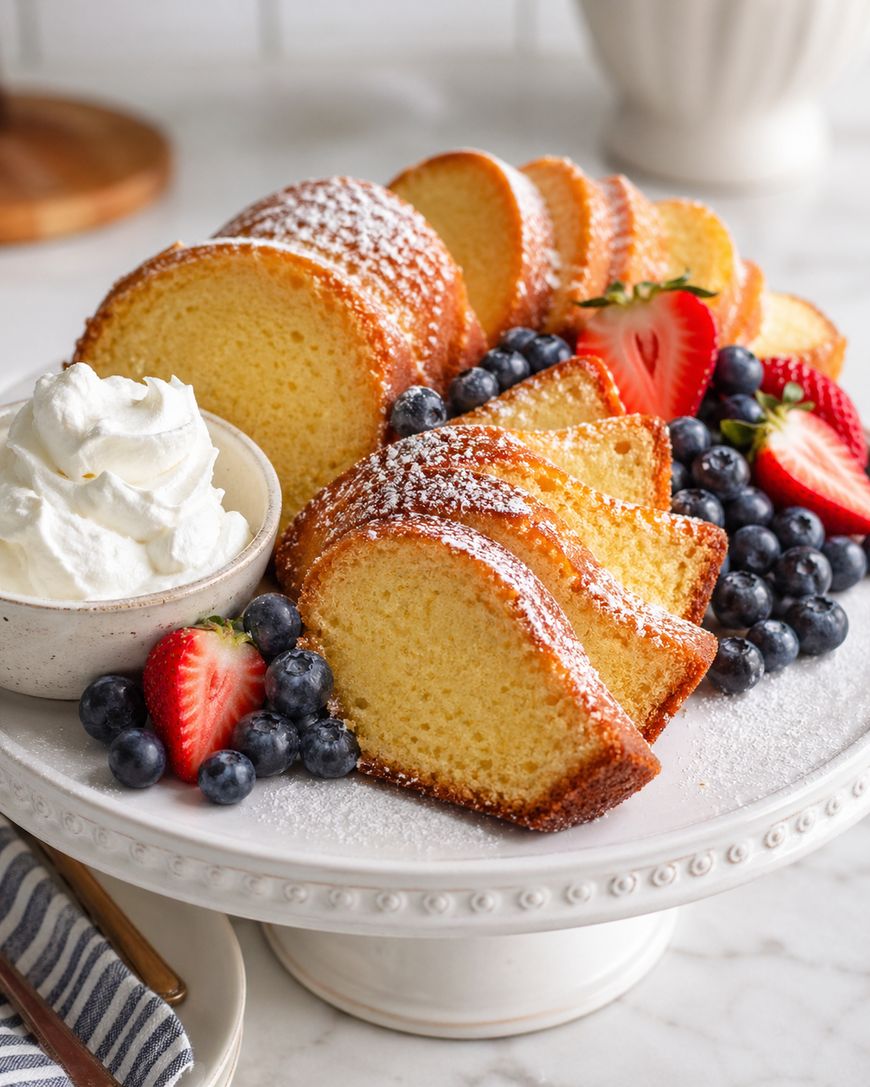 Sliced bundt cake dusted with powdered sugar on a white cake stand, garnished with fresh strawberries, blueberries, and a bowl of whipped cream. A striped napkin is beside the stand.