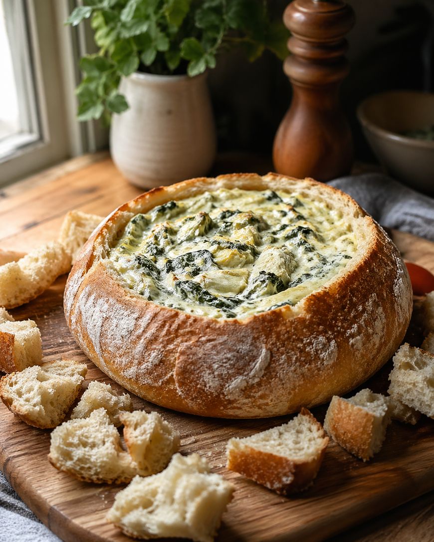 A round loaf of bread with the top cut off and filled with creamy spinach artichoke dip, surrounded by pieces of torn bread on a wooden board, with a potted herb and a pepper grinder in the background.
