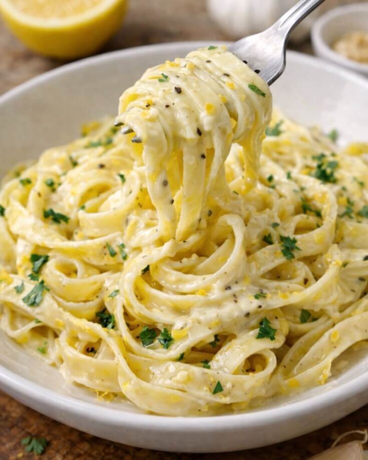 A bowl of creamy fettuccine pasta garnished with chopped parsley and black pepper. A fork is lifting a portion of the pasta, showing the creamy sauce coating the noodles.