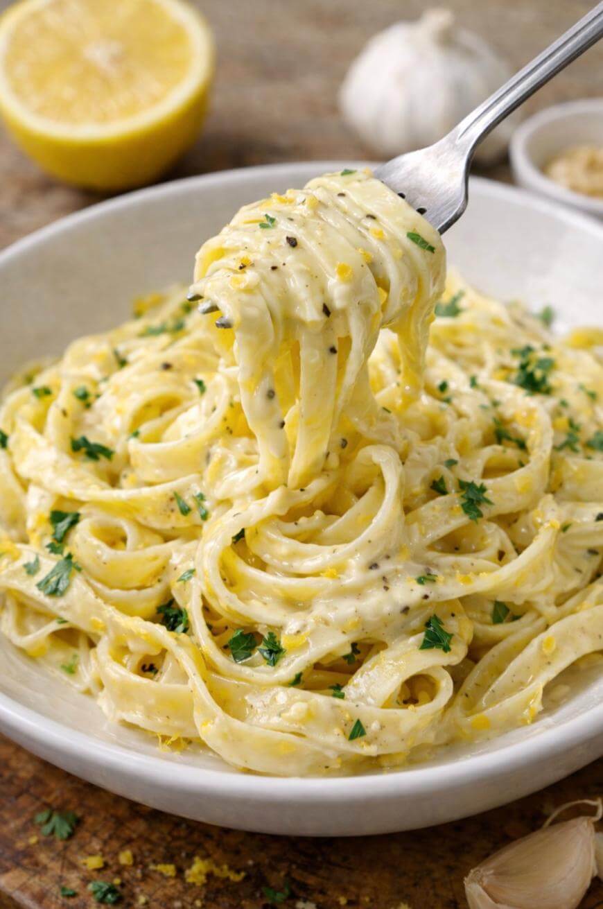 A fork lifts a twirl of creamy fettuccine pasta from a bowl, garnished with chopped parsley and cracked black pepper. A lemon half and garlic bulb are visible in the background.