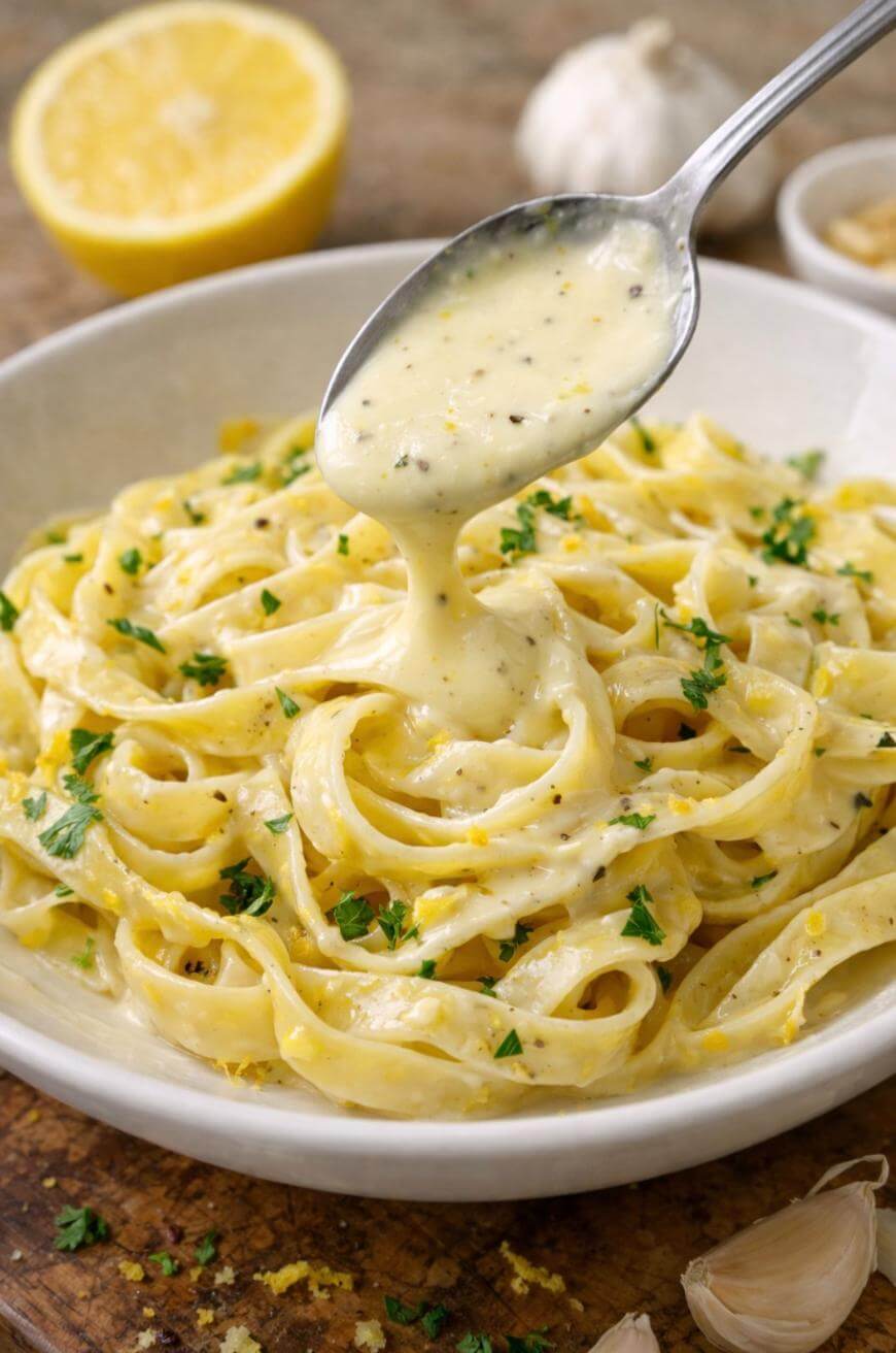 A close-up of fettuccine pasta in a creamy white sauce, garnished with chopped parsley and lemon zest. A spoon is drizzling more sauce over the pasta. A lemon half and garlic are visible in the background.