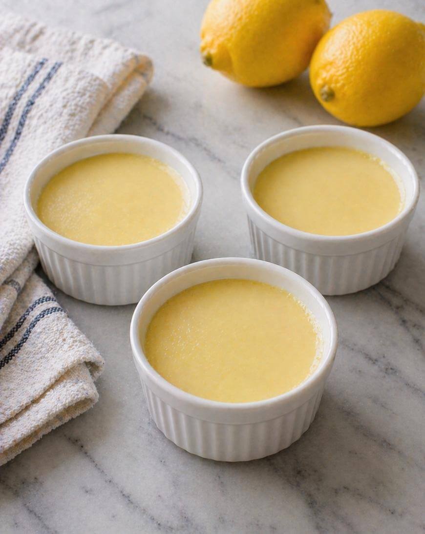Three white ramekins filled with lemon custard are arranged on a marble surface next to a folded striped towel and two whole lemons.