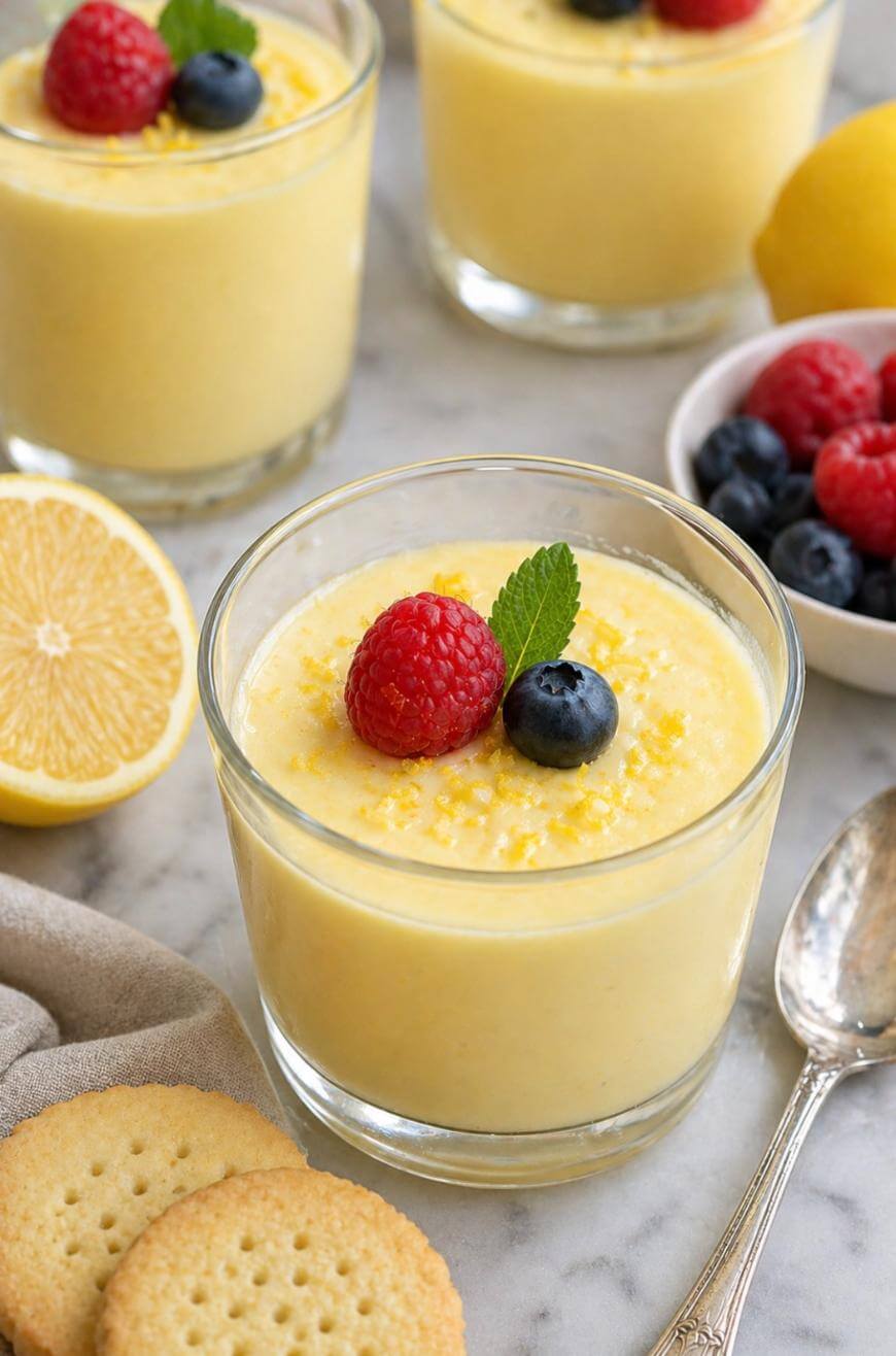 A glass cup of creamy lemon mousse garnished with a raspberry, blueberry, and mint leaf, surrounded by fresh berries, lemon halves, biscuits, and a spoon on a marble surface.