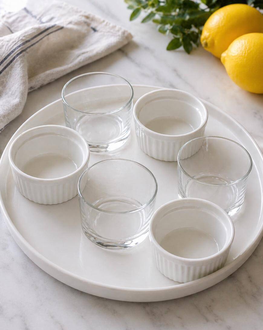 A white tray holds three clear glass cups and three white ceramic ramekins on a marble countertop. Two lemons, greenery, and a folded towel are in the background.