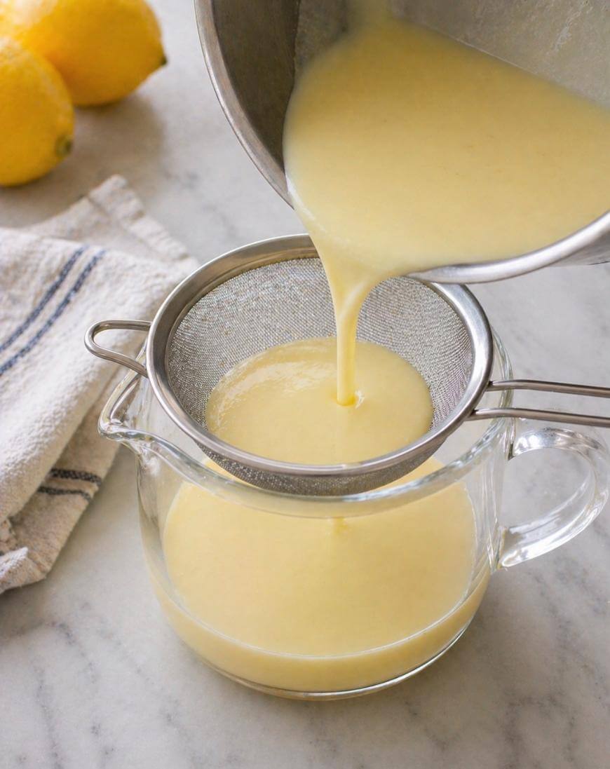 A thick, yellow lemon mixture is being poured from a pot through a fine mesh strainer into a glass pitcher. Lemons and a striped towel are on the marble countertop nearby.