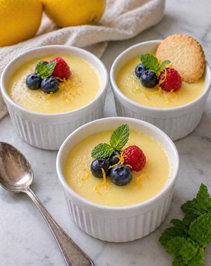Three small white ramekins filled with creamy lemon dessert, each topped with blueberries, a raspberry, fresh mint, and lemon zest; one has a cookie. A silver spoon and fresh lemons are nearby on a marble surface.