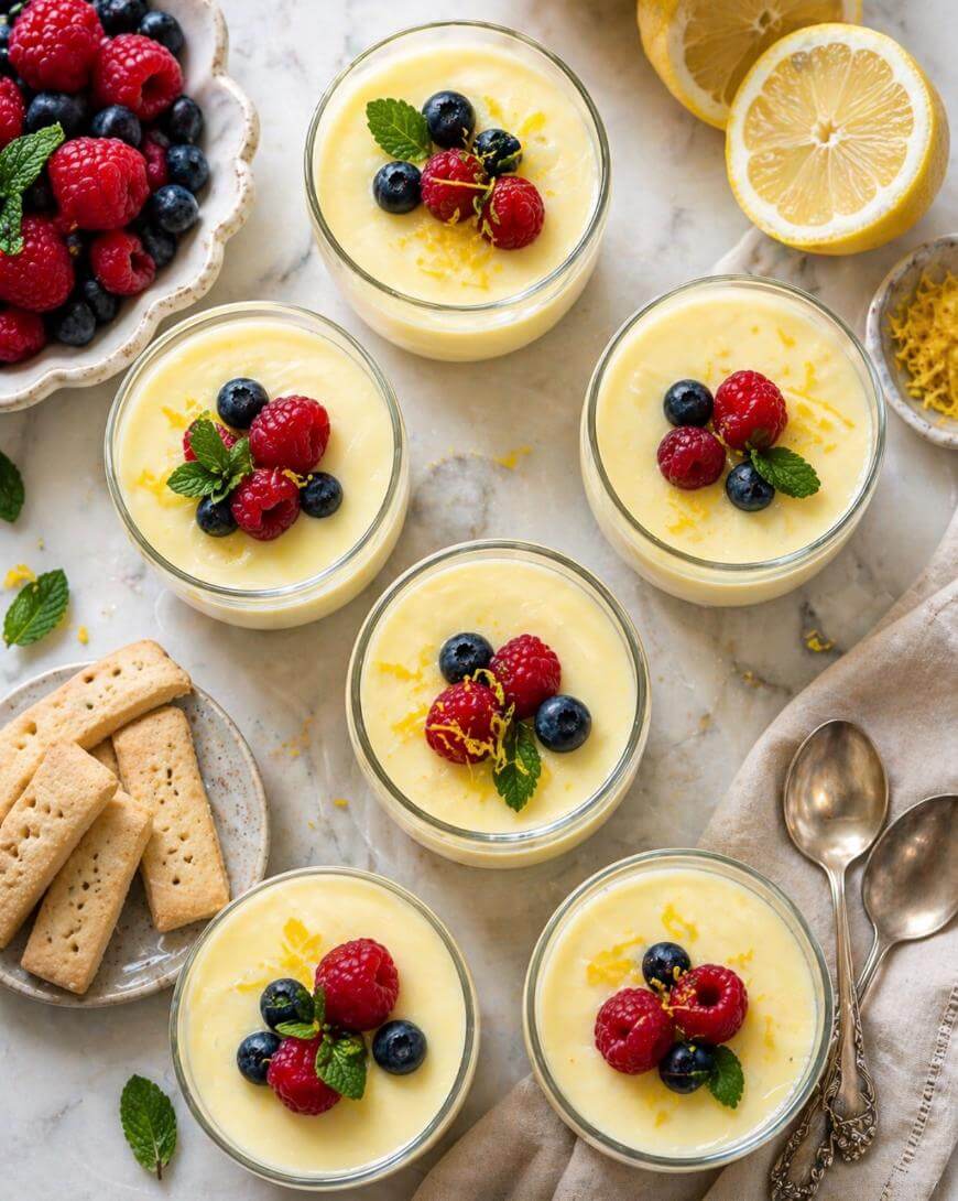 Seven glass cups filled with creamy lemon dessert, each topped with fresh raspberries, blueberries, mint leaves, and lemon zest. Surrounding them are shortbread cookies, fresh berries, lemon halves, and two silver spoons.