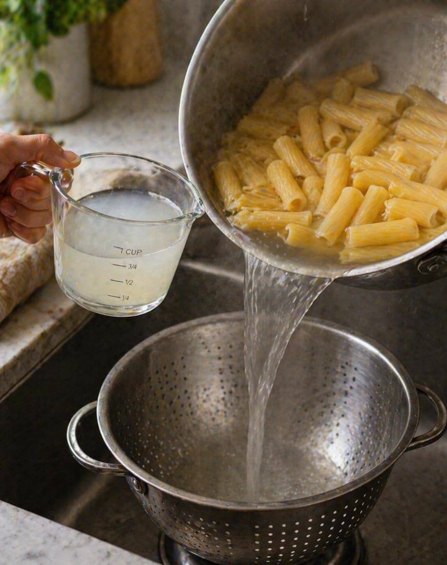 A hand pours cooked pasta and water from a pot into a colander over a sink, while another hand holds a measuring cup containing reserved pasta water.