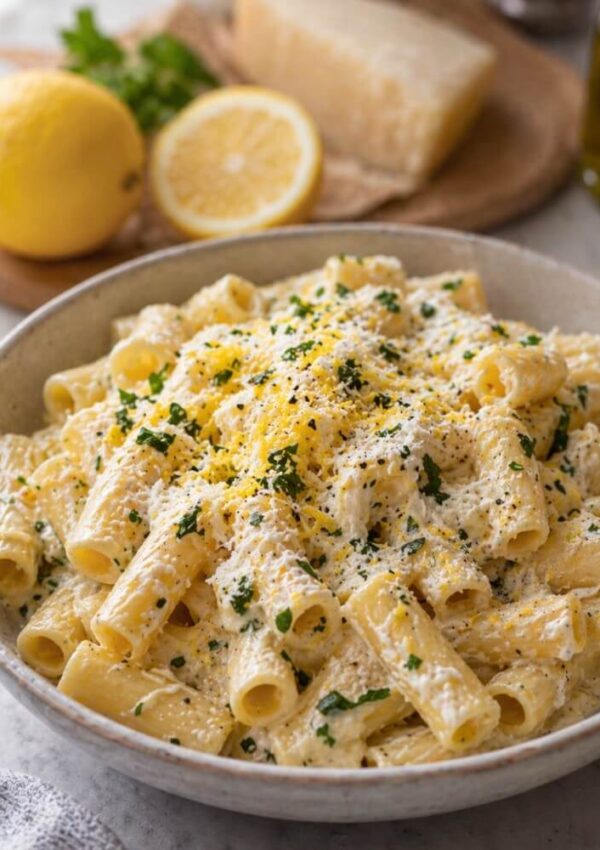 A bowl of creamy rigatoni pasta garnished with chopped parsley and grated cheese. In the background, there is a halved lemon, a wedge of cheese, and some fresh parsley on a wooden board.
