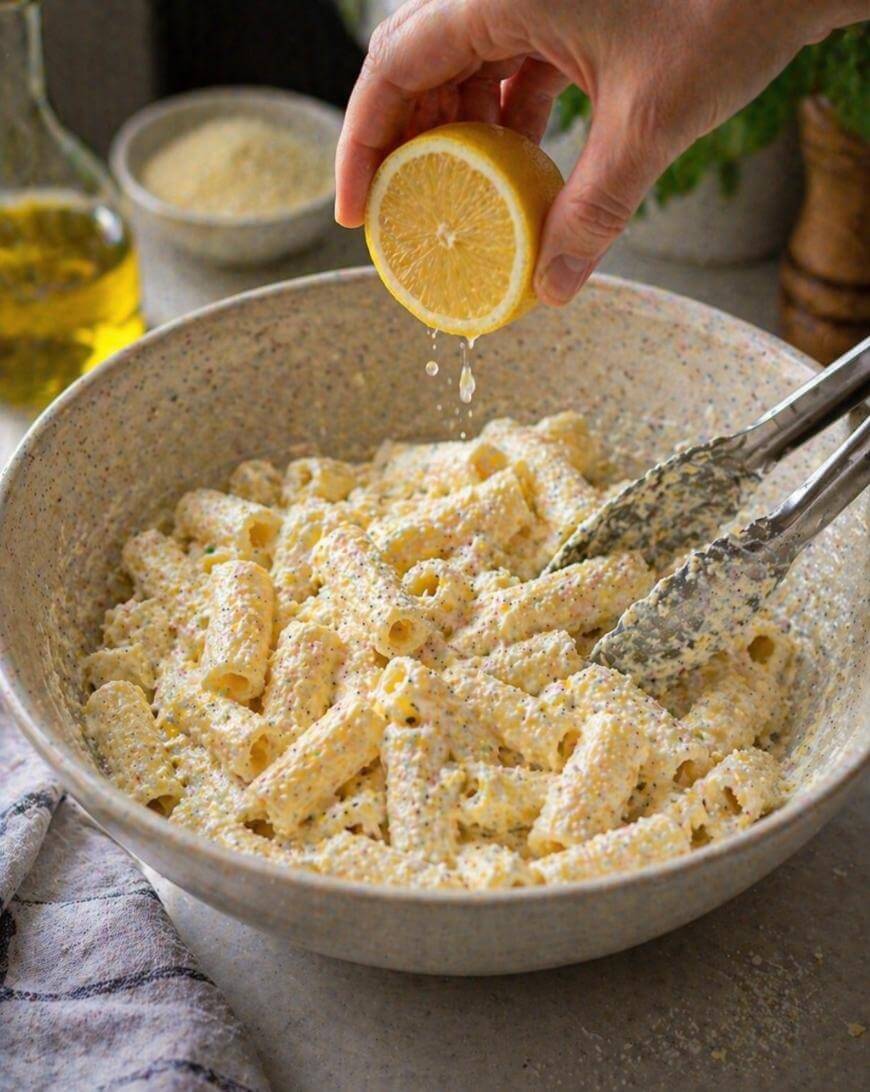 A hand squeezes half a lemon over a bowl of creamy rigatoni pasta, with metal tongs resting in the bowl. Olive oil and grated cheese containers are visible in the background.