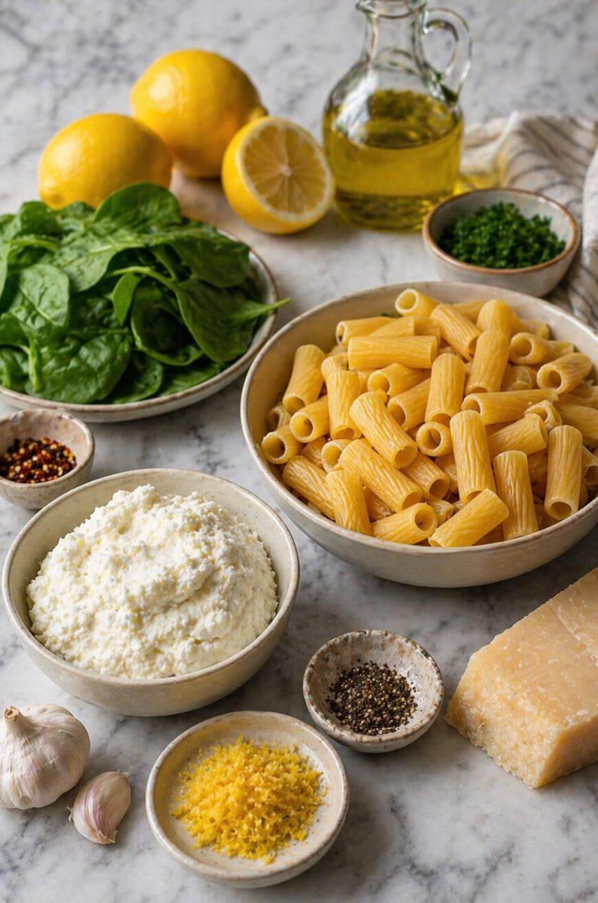 A marble surface displays bowls of uncooked rigatoni pasta, ricotta cheese, fresh spinach, grated cheese, lemon zest, black pepper, red pepper flakes, chopped herbs, garlic, whole lemons, and a bottle of olive oil.