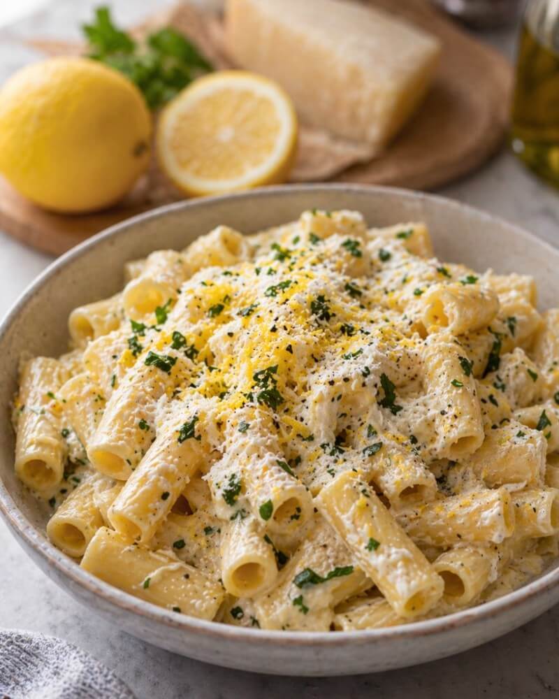 A bowl of creamy rigatoni pasta garnished with chopped parsley and grated cheese. In the background, there is a halved lemon, a wedge of cheese, and some fresh parsley on a wooden board.