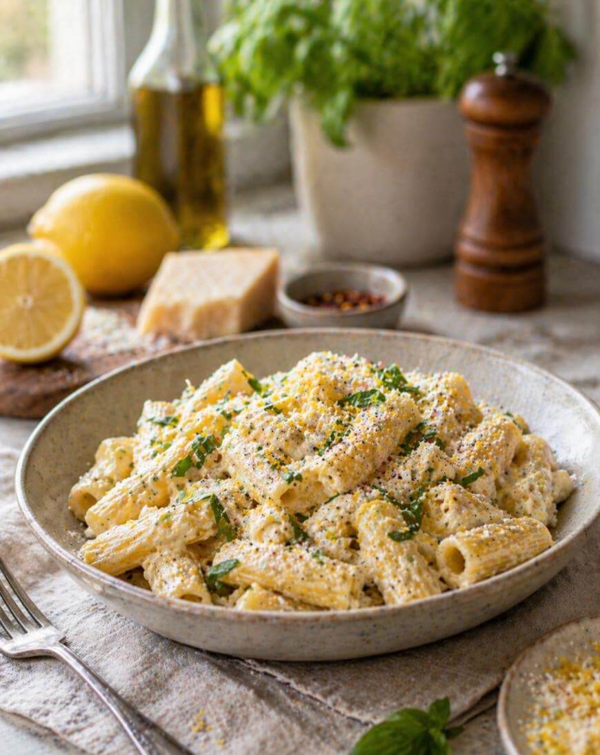 A bowl of creamy rigatoni pasta garnished with grated cheese and herbs, set on a table with a fork, lemon, block of cheese, olive oil, pepper grinder, and fresh basil in the background.