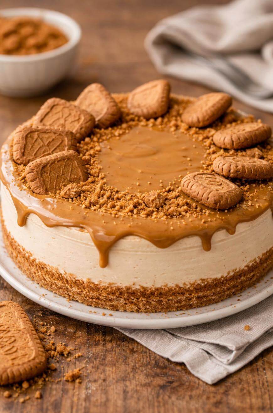 A round cheesecake with a caramel glaze, topped with whole and crumbled cookies, sits on a white plate. Extra cookies and crumbs are scattered around on a wooden surface.