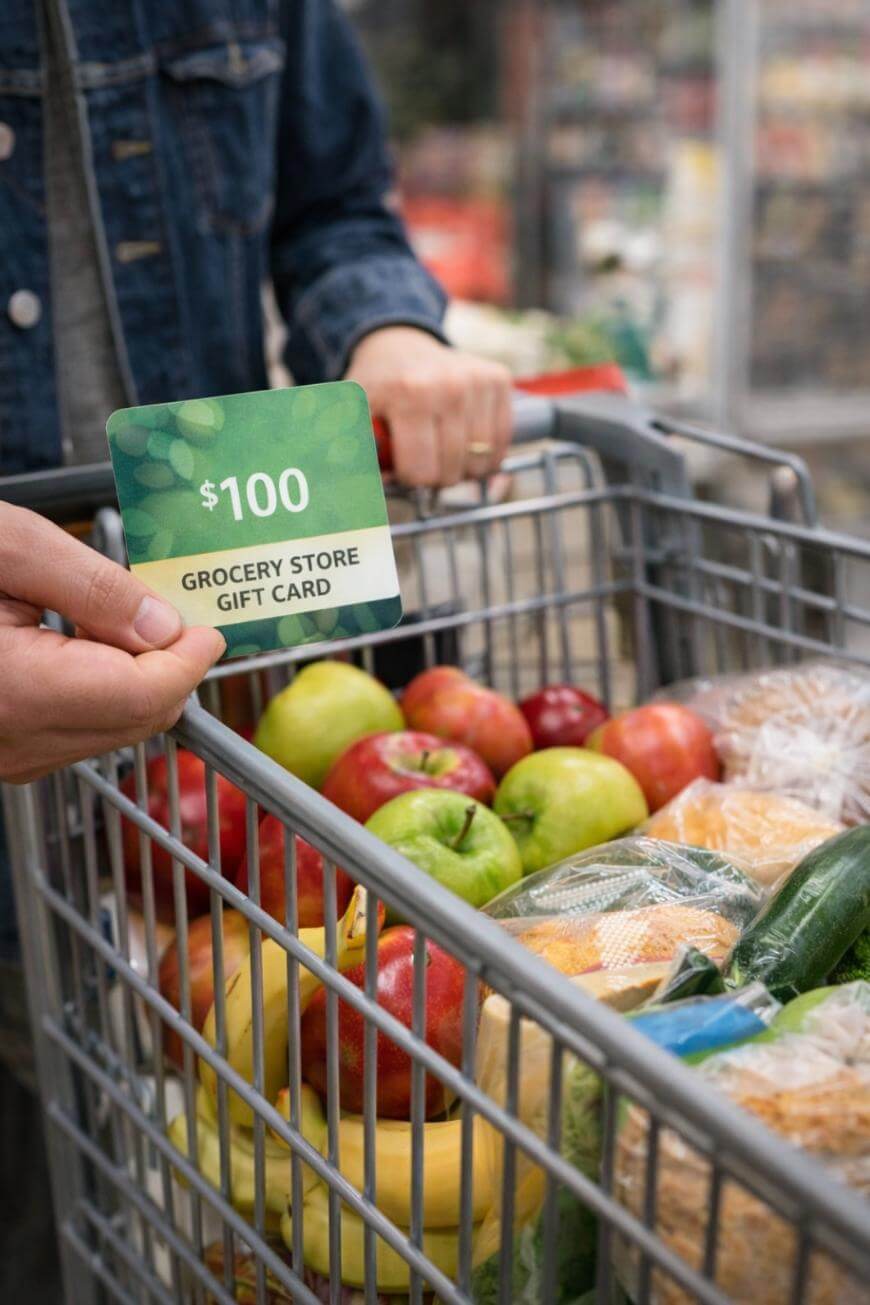 A person holds a $100 grocery store gift card over a shopping cart filled with fresh produce, bread, and packaged food items inside a supermarket.
