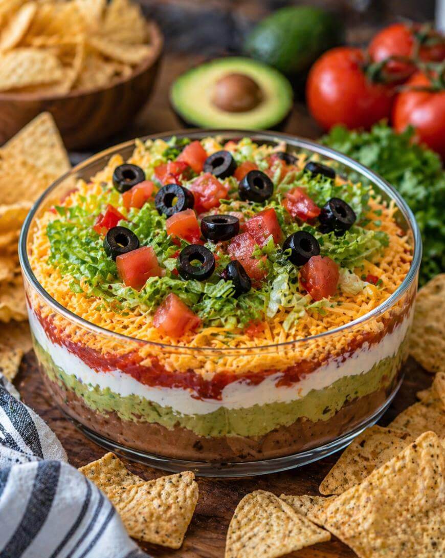 A glass bowl holds a layered dip with beans, guacamole, sour cream, salsa, shredded lettuce, cheese, diced tomatoes, and sliced black olives, surrounded by tortilla chips, tomatoes, avocado, and cilantro.