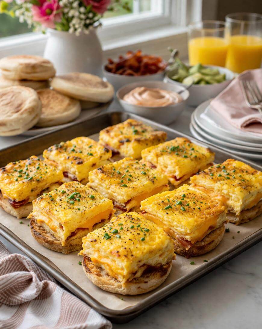 A tray of breakfast sandwiches with egg, cheese, and possibly bacon on English muffins, garnished with chives. In the background are more English muffins, bowls of toppings, orange juice, and a bouquet of flowers.