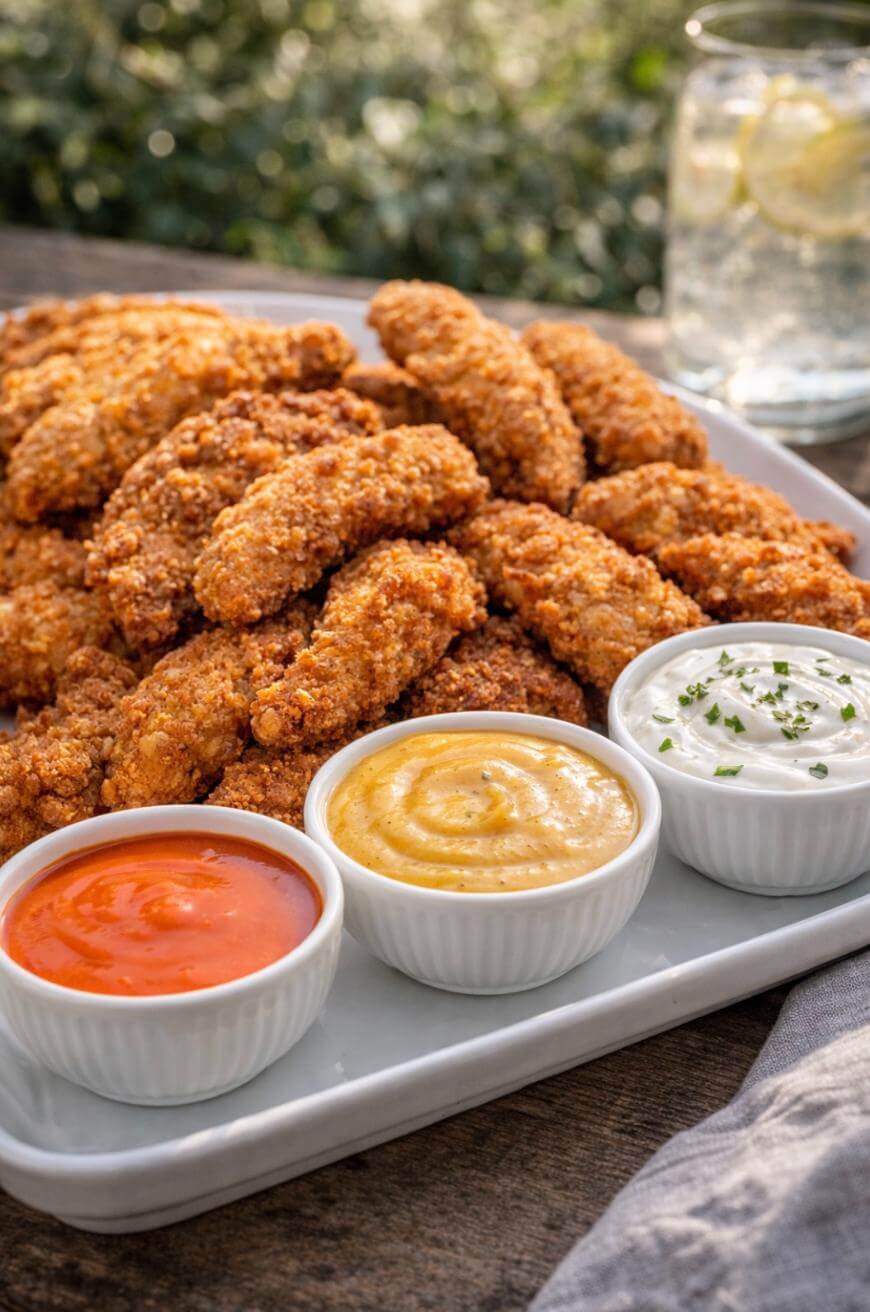 A tray of crispy breaded chicken tenders is served with three dipping sauces—red, yellow, and white with herbs—alongside a glass of water with lemon slices, set on a wooden surface outdoors.