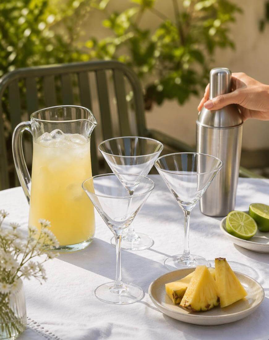 A sunlit outdoor table with three empty martini glasses, a pitcher of yellow juice with ice, a cocktail shaker held by a hand, sliced limes, and a plate of pineapple pieces. Greenery is visible in the background.