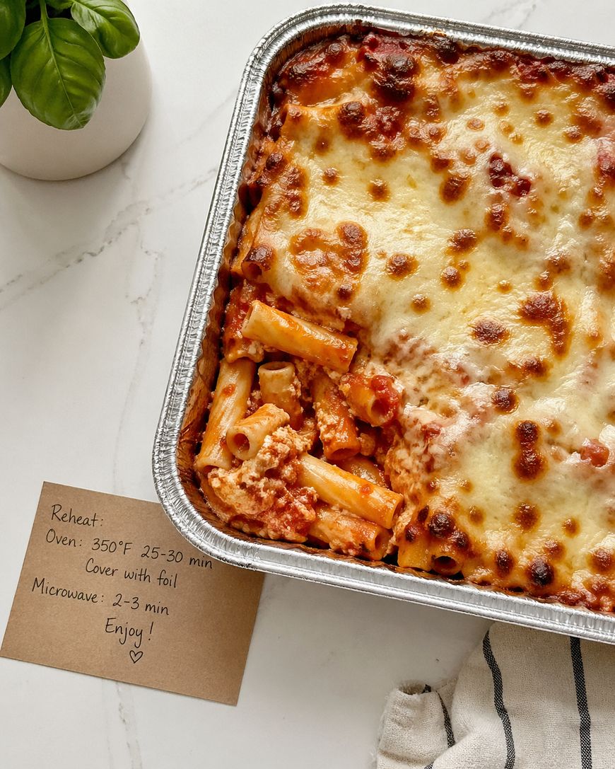 A foil tray filled with baked ziti topped with melted cheese sits on a white surface next to a small potted plant and a handwritten note with reheating instructions.