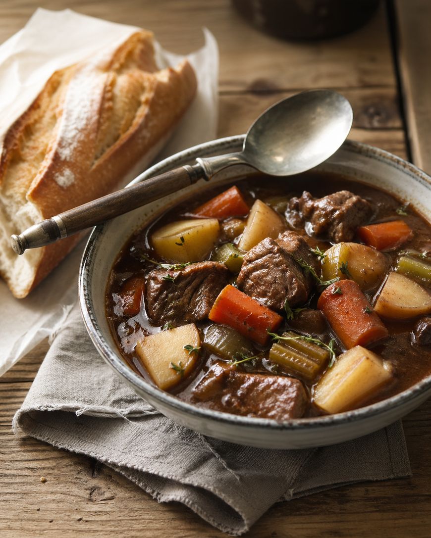 A bowl of hearty beef stew with chunks of beef, potatoes, carrots, and celery, garnished with herbs, sits on a napkin next to a spoon and a piece of crusty baguette on a wooden table.