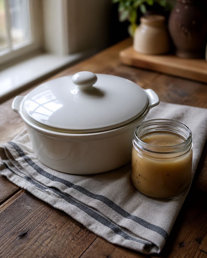 A white ceramic casserole dish with a lid sits on a striped cloth next to a small glass jar filled with light brown gravy, on a rustic wooden table near a window.