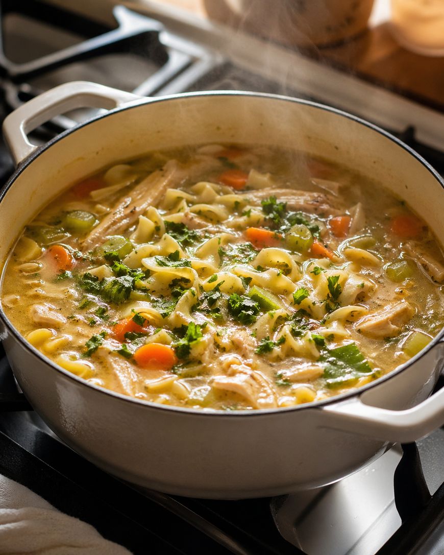 A steaming pot of homemade chicken noodle soup with egg noodles, shredded chicken, carrots, celery, and fresh herbs sits on a stove.