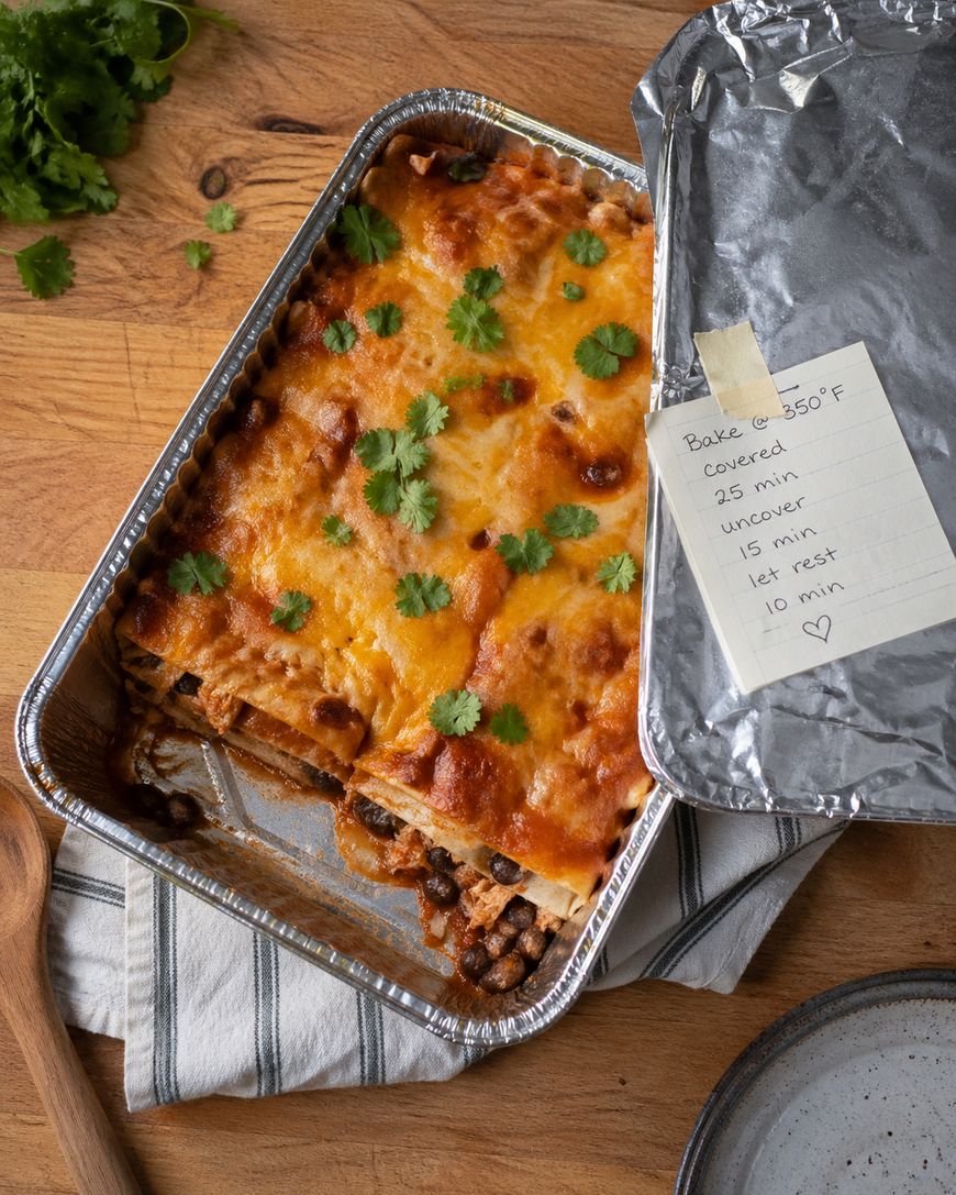 A baking tray of cheesy lasagna, garnished with cilantro, sits on a wooden table. Part of the foil cover is peeled back, revealing a handwritten note with baking instructions. A striped towel and fresh cilantro are nearby.