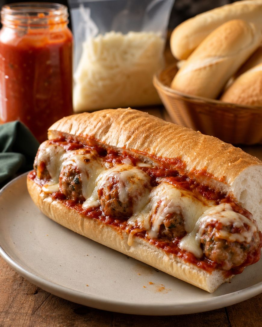A meatball sub on a plate, filled with meatballs, marinara sauce, and melted cheese. In the background are a jar of sauce, shredded cheese, and a basket of hoagie rolls.