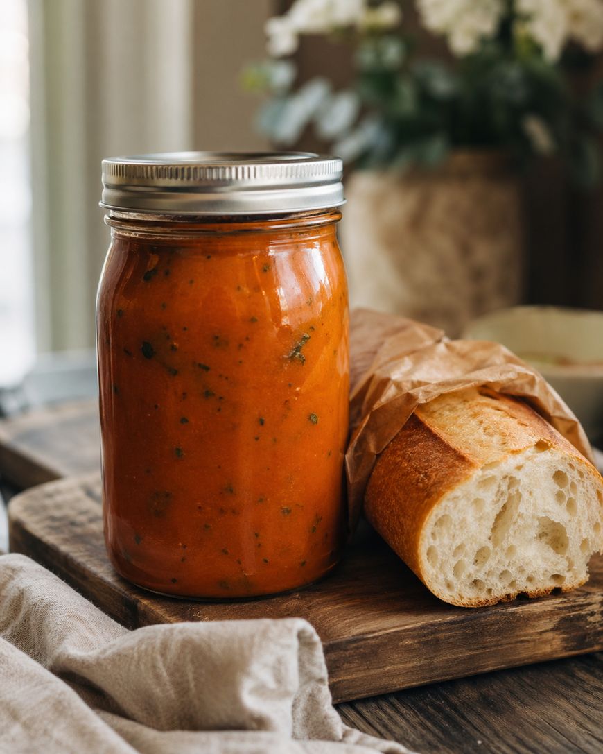 A jar of tomato sauce with herbs sits next to a partially wrapped loaf of crusty bread on a wooden board, with a soft cloth and blurred flowers in the background.