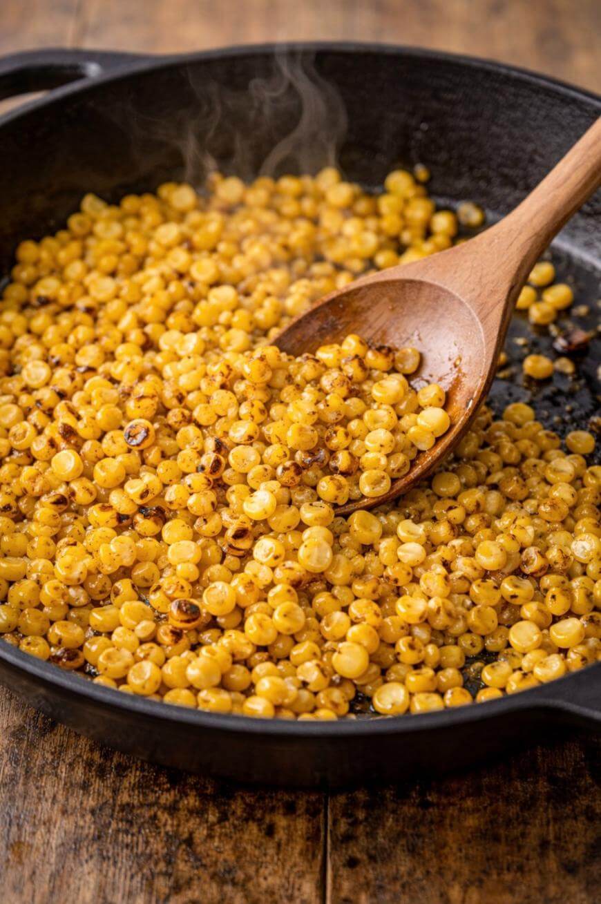 Golden corn kernels being sautéed in a black skillet, with a wooden spoon stirring the corn. Steam rises from the hot corn, and the skillet sits on a rustic wooden surface.