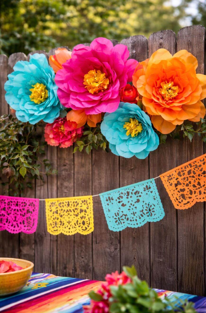 Large, colorful paper flowers in pink, orange, and blue are attached to a wooden fence. Below them, vibrant papel picado banners hang, and a table with a striped cloth and a bowl of watermelon is visible.