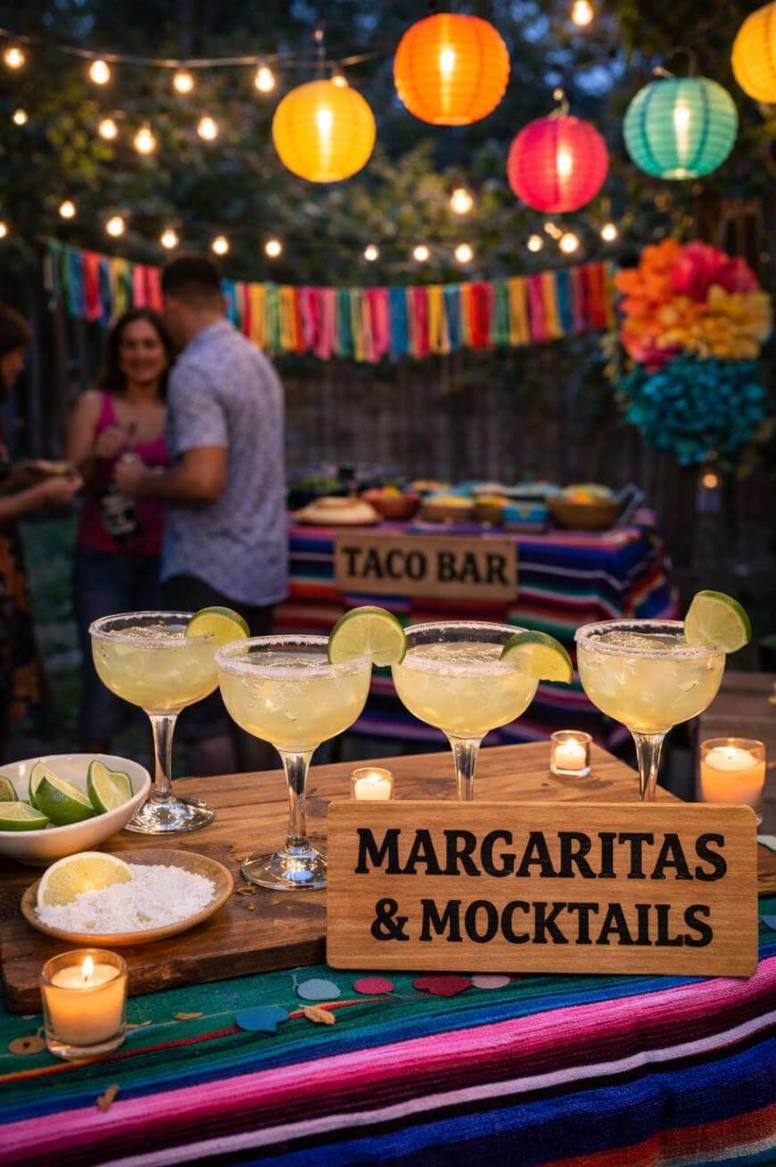 A festive outdoor party scene with colorful lanterns and string lights. Four margarita glasses with lime wedges are on a table with a Margaritas & Mocktails sign. A taco bar is in the background, and people are mingling.
