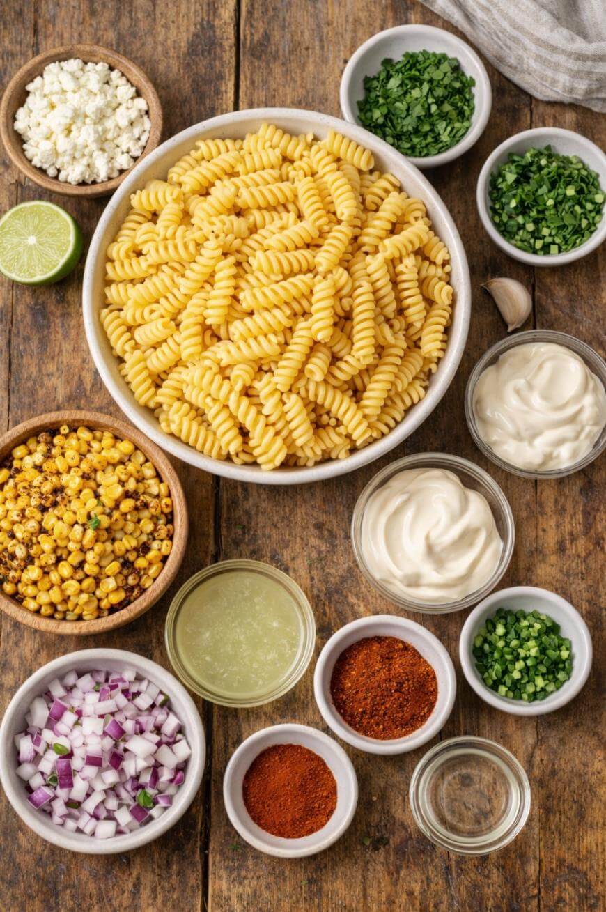 A bowl of cooked rotini pasta surrounded by small bowls containing corn, red onion, cheese, lime, chopped herbs, mayonnaise, spices, and other fresh ingredients on a wooden table.